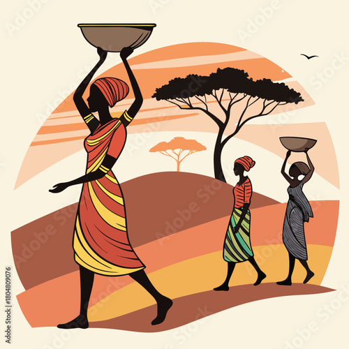 Vector illustration of African women silhouettes at sunset with traditional pots and bowls. Tribal culture and ethnic lifestyle artwork