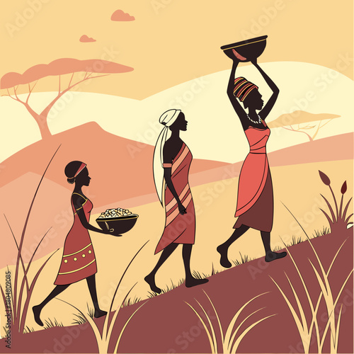 Vector illustration of African women silhouettes at sunset with traditional pots and bowls. Tribal culture and ethnic lifestyle artwork