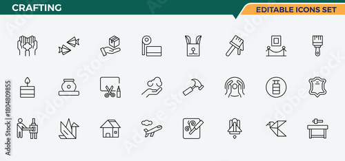 Crafting icon set in linear style. Pack of tool, handyman, tools, repair, carpenter, craft and more. Craft icon set. Minimalist linear icons. Pixel perfect. Editable stroke.