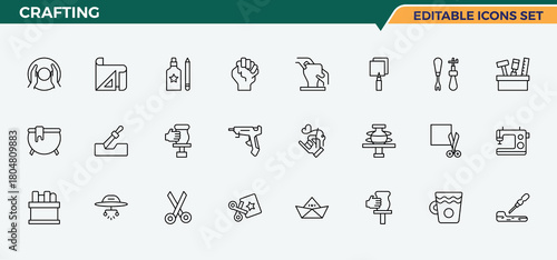 Crafting icon set in linear style. Pack of tool, handyman, tools, repair, carpenter, craft and more. Craft icon set. Minimalist linear icons. Pixel perfect. Editable stroke.