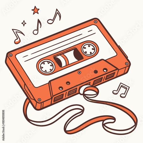Groovy retro cassette tape in cartoon graphic style with funky orange and vintage audio detail. Music nostalgia and y2k vibe blend as a playful groovy element for stylish fun creative projects
