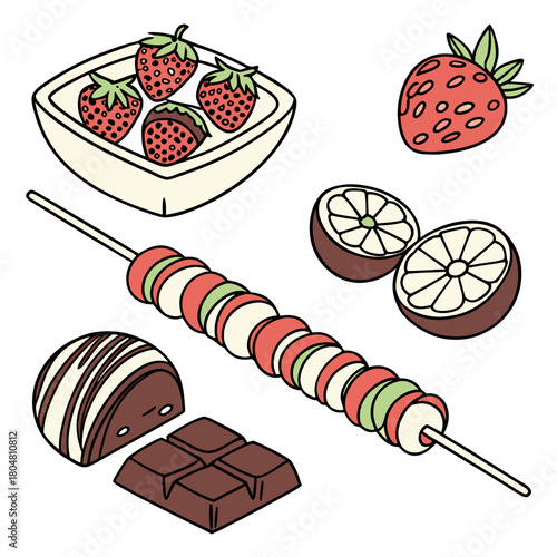 Hard candy, caramel, tanghulu on wooden stick. Fruit with chocolate on skewers. Lollypops, sweet dessert. Confectionery, tasty food. Flat isolated hand drawn vector illustration on white background