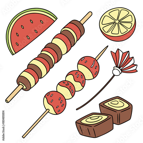 Hard candy, caramel, tanghulu on wooden stick. Fruit with chocolate on skewers. Lollypops, sweet dessert. Confectionery, tasty food. Flat isolated hand drawn vector illustration on white background