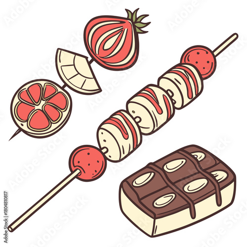 Hard candy, caramel, tanghulu on wooden stick. Fruit with chocolate on skewers. Lollypops, sweet dessert. Confectionery, tasty food. Flat isolated hand drawn vector illustration on white background