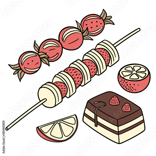 Hard candy, caramel, tanghulu on wooden stick. Fruit with chocolate on skewers. Lollypops, sweet dessert. Confectionery, tasty food. Flat isolated hand drawn vector illustration on white background