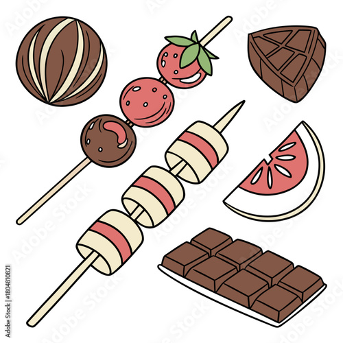 Hard candy, caramel, tanghulu on wooden stick. Fruit with chocolate on skewers. Lollypops, sweet dessert. Confectionery, tasty food. Flat isolated hand drawn vector illustration on white background