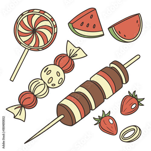 Hard candy, caramel, tanghulu on wooden stick. Fruit with chocolate on skewers. Lollypops, sweet dessert. Confectionery, tasty food. Flat isolated hand drawn vector illustration on white background