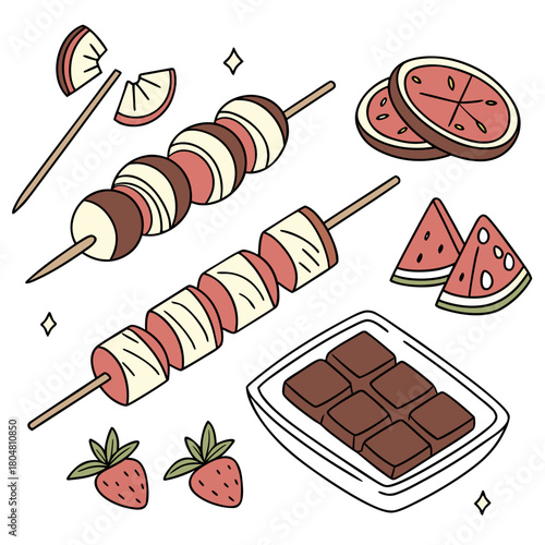 Hard candy, caramel, tanghulu on wooden stick. Fruit with chocolate on skewers. Lollypops, sweet dessert. Confectionery, tasty food. Flat isolated hand drawn vector illustration on white background