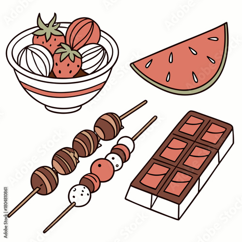 Hard candy, caramel, tanghulu on wooden stick. Fruit with chocolate on skewers. Lollypops, sweet dessert. Confectionery, tasty food. Flat isolated hand drawn vector illustration on white background