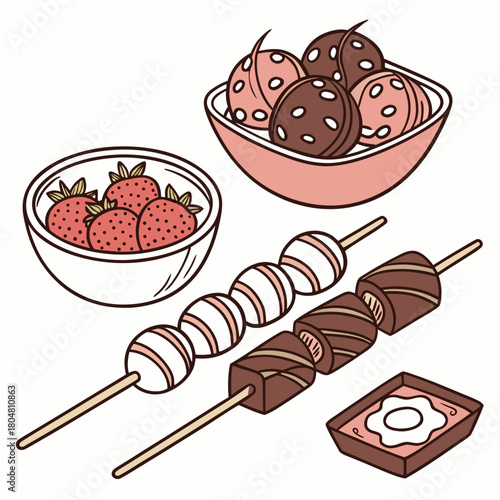 Hard candy, caramel, tanghulu on wooden stick. Fruit with chocolate on skewers. Lollypops, sweet dessert. Confectionery, tasty food. Flat isolated hand drawn vector illustration on white background
