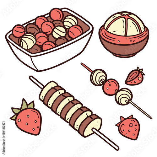 Hard candy, caramel, tanghulu on wooden stick. Fruit with chocolate on skewers. Lollypops, sweet dessert. Confectionery, tasty food. Flat isolated hand drawn vector illustration on white background