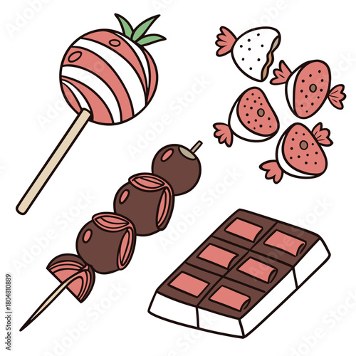 Hard candy, caramel, tanghulu on wooden stick. Fruit with chocolate on skewers. Lollypops, sweet dessert. Confectionery, tasty food. Flat isolated hand drawn vector illustration on white background