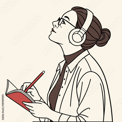 Woman's Thoughtful Contemplation: A stylish woman with glasses, headphones, and a pencil engages in deep thought, her gaze directed towards the upper right