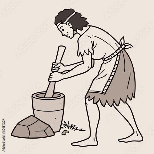 Cavewoman grinding seeds with stone tools, flat illustration.