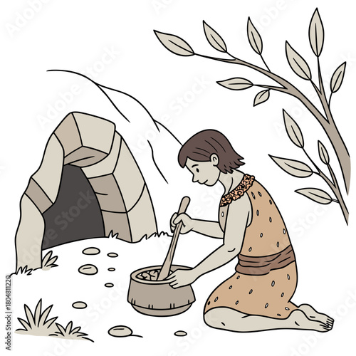 Cavewoman grinding seeds with stone tools, flat illustration.