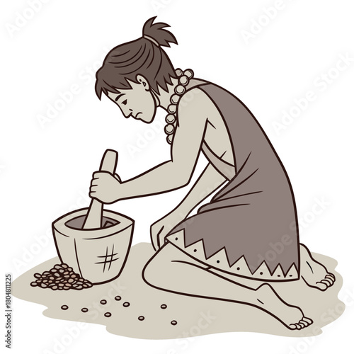 Cavewoman grinding seeds with stone tools, flat illustration.
