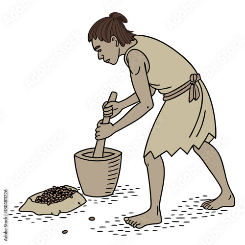 Cavewoman grinding seeds with stone tools, flat illustration.