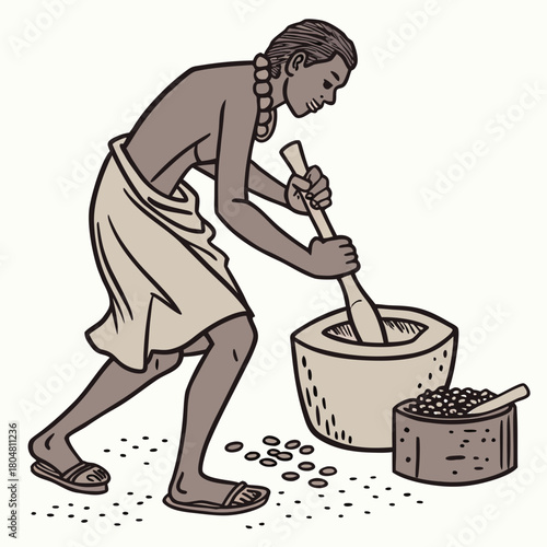 Cavewoman grinding seeds with stone tools, flat illustration.