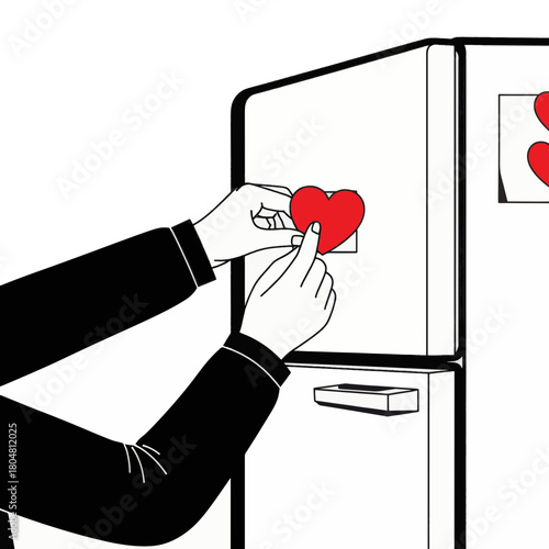 A person placing a red heart magnet on a refrigerator. Minimalist line art vector illustration with a symbol of love and affection
