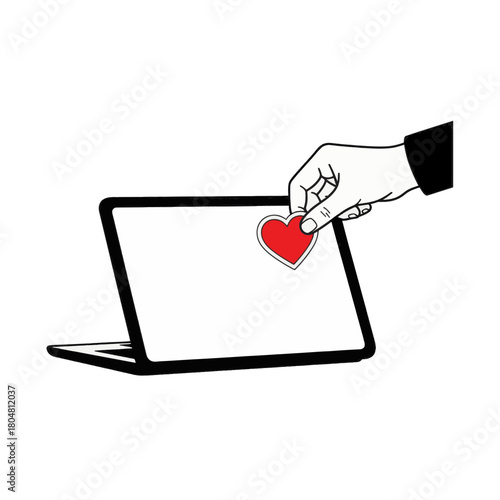 A hand placing a red heart sticker on a laptop. Social media like and online dating concept. Minimalist flat vector illustration