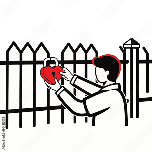A person placing a heart-shaped lock on a fence. Love, commitment, and emotional security concept. Minimalist line art vector illustration