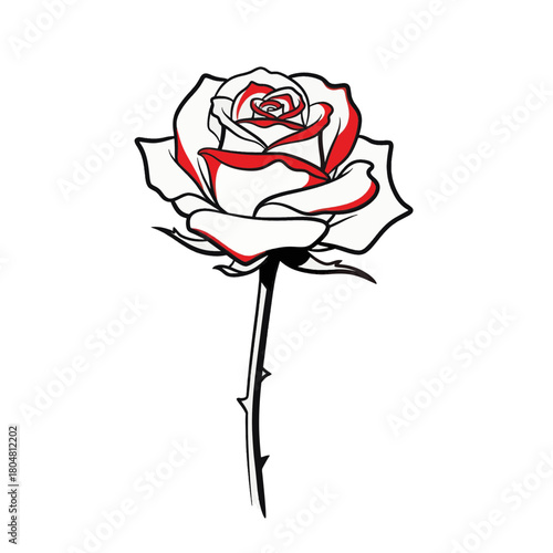 Red rose line art illustration. Vertical tattoo style graphic of a flower with a stem. Isolated vector design element