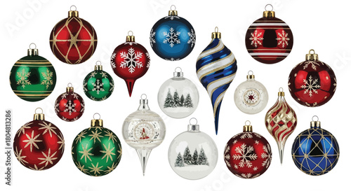 Assorted colorful christmas ornaments in red green blue and white for holiday decor