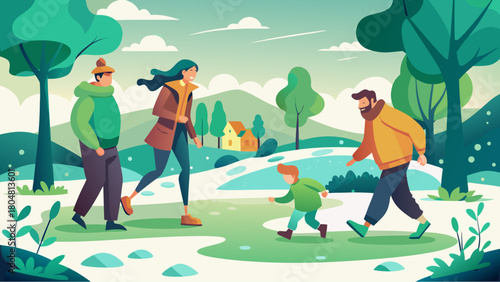 Family walking together in nature park on a cool day with trees, hills and patches of snow under cloudy sky