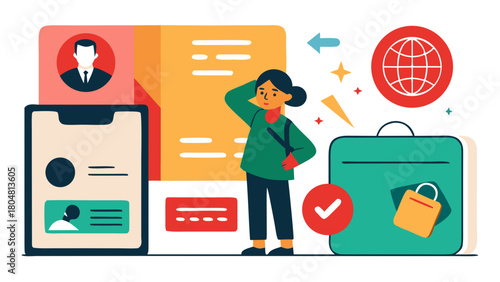 Confused traveler surrounded by documents, digital ID, suitcase and globe icons representing travel preparation and paperwork