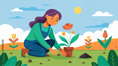 Woman planting flowers in garden on a sunny day with green grass, colorful plants and clear blue sky