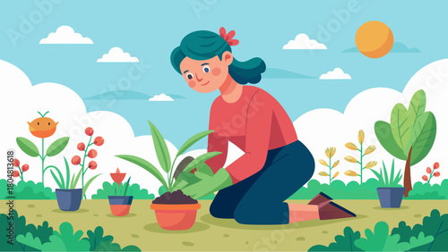 Woman gardening on a sunny day, planting green plant in a pot surrounded by colorful flowers and blue sky