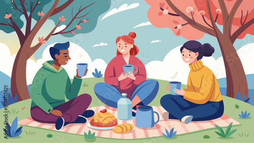 Group of friends enjoying picnic in park with drinks and food under blooming trees on a sunny day