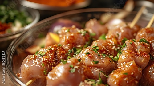 Fototapeta Naklejka Na Ścianę i Meble -  Marinated chicken kebabs with red spices, before grilling, raw ingredients and spice bowls