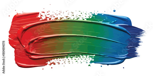 Vibrant red, green, and blue paint stroke creating a smooth gradient texture with dynamic splatters on a clean white background, brushes splash, vector illustration.