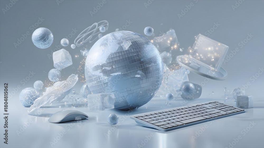 Obraz premium Semi-realistic 3D digital illustration of globe with floating computer. Concept: global connectivity, information technology, digital communication, worldwide networks, modern tech infrastructure, IT