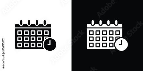 Calendar clock icons. Black flat icon pack isolated on white background.