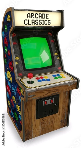 Retro Arcade Machine With Green Screen On White Background
