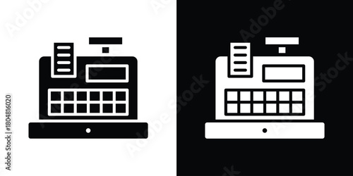 Cash register icons. Black flat icon pack isolated on white background.