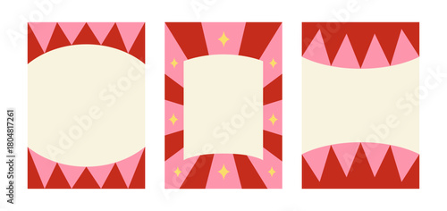 Set of holiday greeting cards with circus geometric frames. Vector flat festival design for birthday cards, christmas holiday invitations, etc.