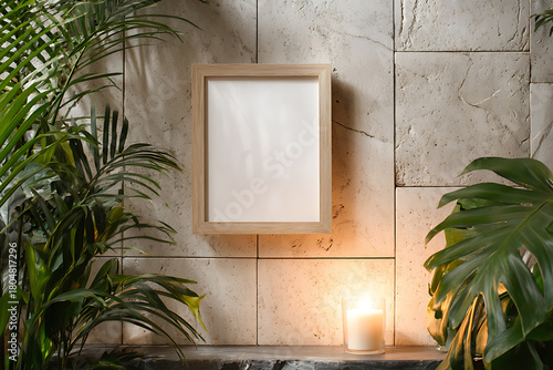 Elegant frame mockup with tropical plants and candle against a textured wall, creating a serene and inviting atmosphere.