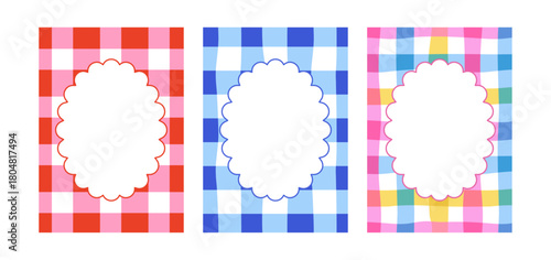 Set of abstract posters with quirky frames and vichy retro checks. Vector illustration of retro backgrounds with gingham fashionable pattern