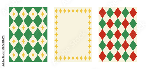 Set of holiday minimalist modern christmas vector backgrounds. Abstract geometric rhombuses and frame with stars. Templates for greeting cards, posters, social media designs