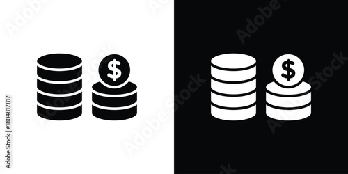 Coins icons. Black flat icon pack isolated on white background.