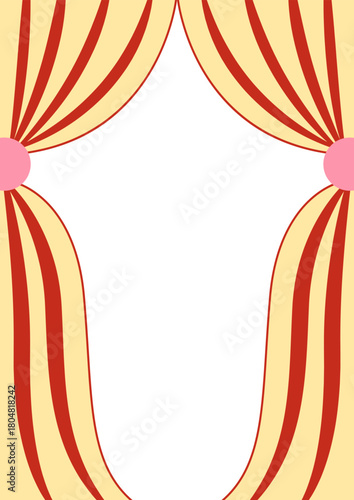 Holiday greeting card template with hand drawn frame of circus striped curtain. Festival vector flat design for birthday cards, christmas holiday invitations, etc.