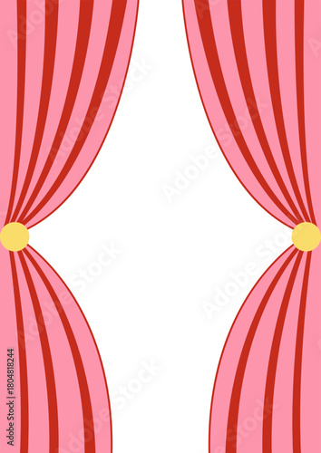 Holiday greeting card template with hand drawn frame of circus striped curtain. Festival vector flat design for birthday cards, christmas holiday invitations, etc.