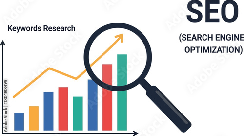 Magnifying glass reveals upward trend on colorful bar chart, illustrating SEO success