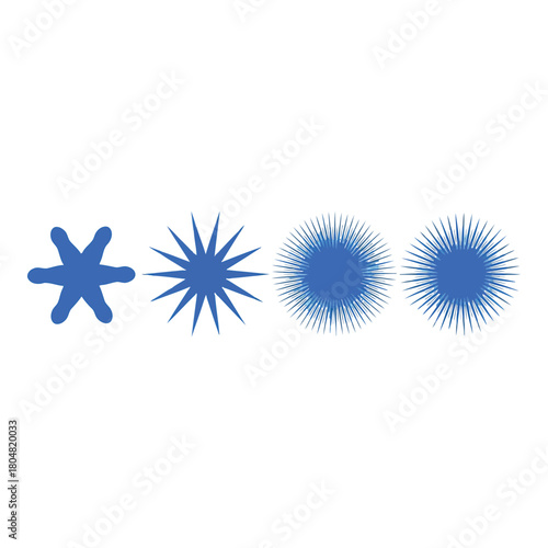 Four blue abstract starbursts of varying intensity on white background