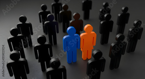 Wallpaper Mural Group of stylized figures with a blue and orange figure standing out from the surrounding black figures on a dark gray surface symbolizing diversity Torontodigital.ca