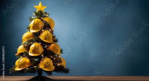 Christmas tree decorated with yellow hard hats and star