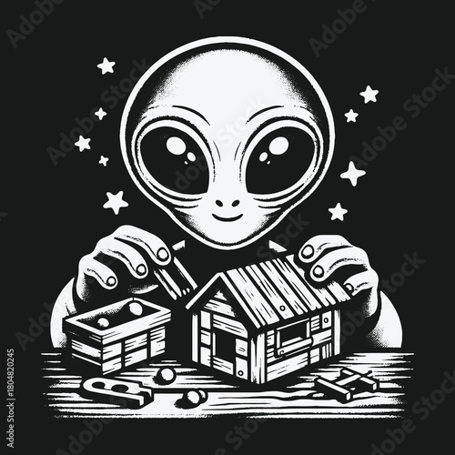 Cute Grey Alien Building a Small Wooden Model House.